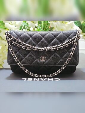 Chanel Classic Quilted Caviar Leather Wallet On Chain With Silver Hardware